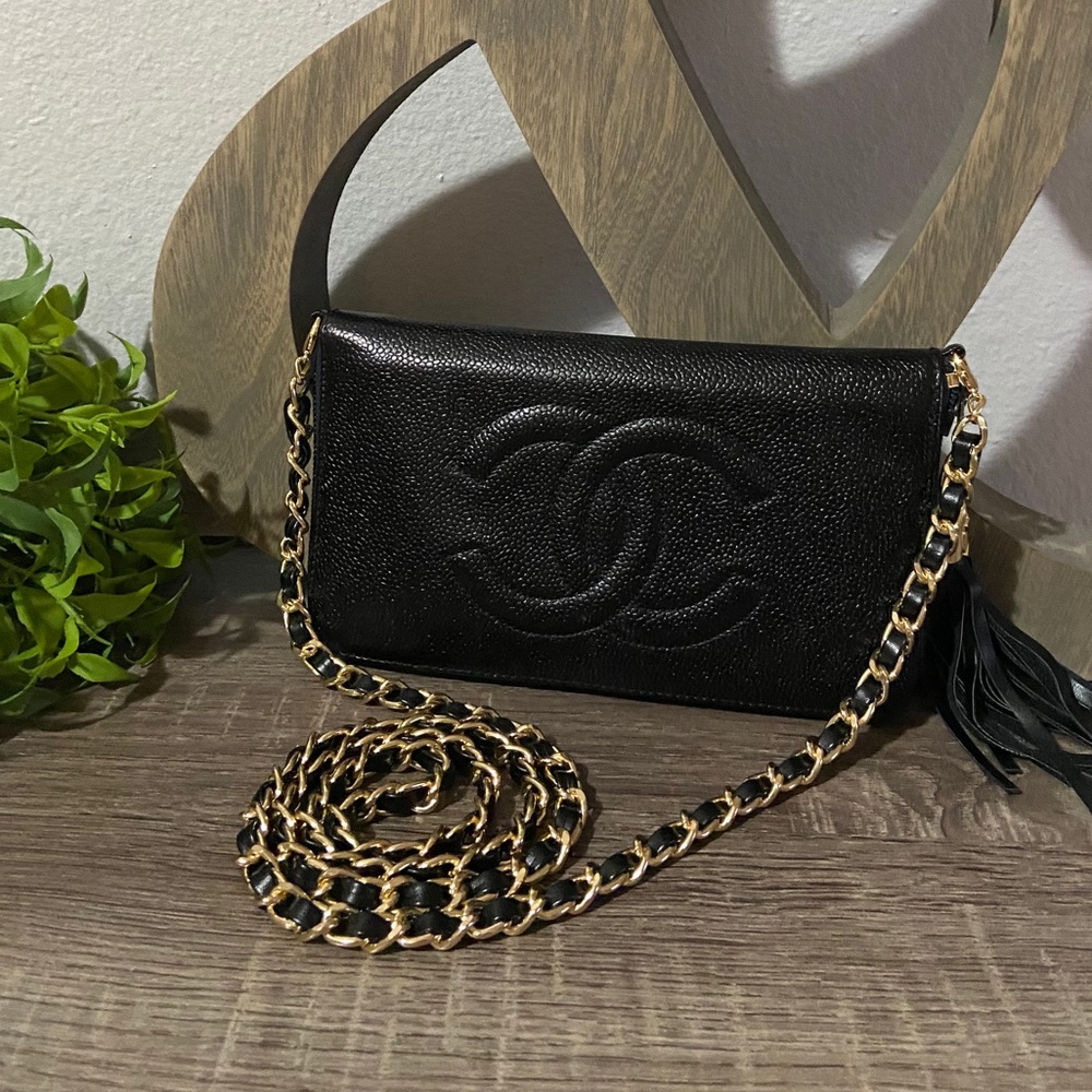 ⚜️♠️ Chanel Caviar Timeless Zippy Wallet Chain Crossbody Double Zipper Style - Picture 2 of 9